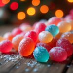 Crystal candy close-up with vibrant colors and sparkling sugar crystals, traditional sweets on a wooden table, cultural dessert photography, festive background.