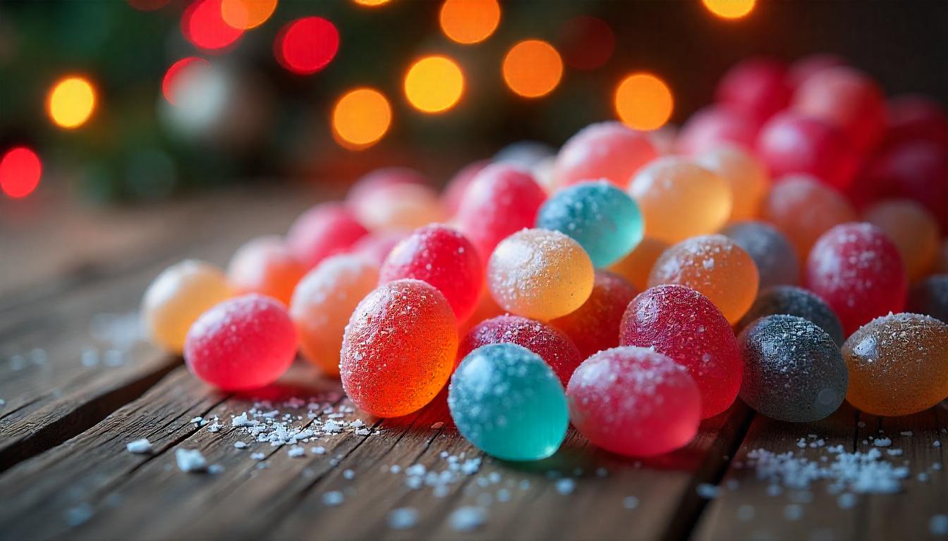 Crystal candy close-up with vibrant colors and sparkling sugar crystals, traditional sweets on a wooden table, cultural dessert photography, festive background.