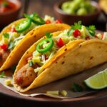 Flat-lay of potato tacos filled with seasoned potatoes, topped with salsa, guacamole, shredded lettuce, and jalapeño slices, served on a rustic wooden table with lime wedges and tortilla chips.