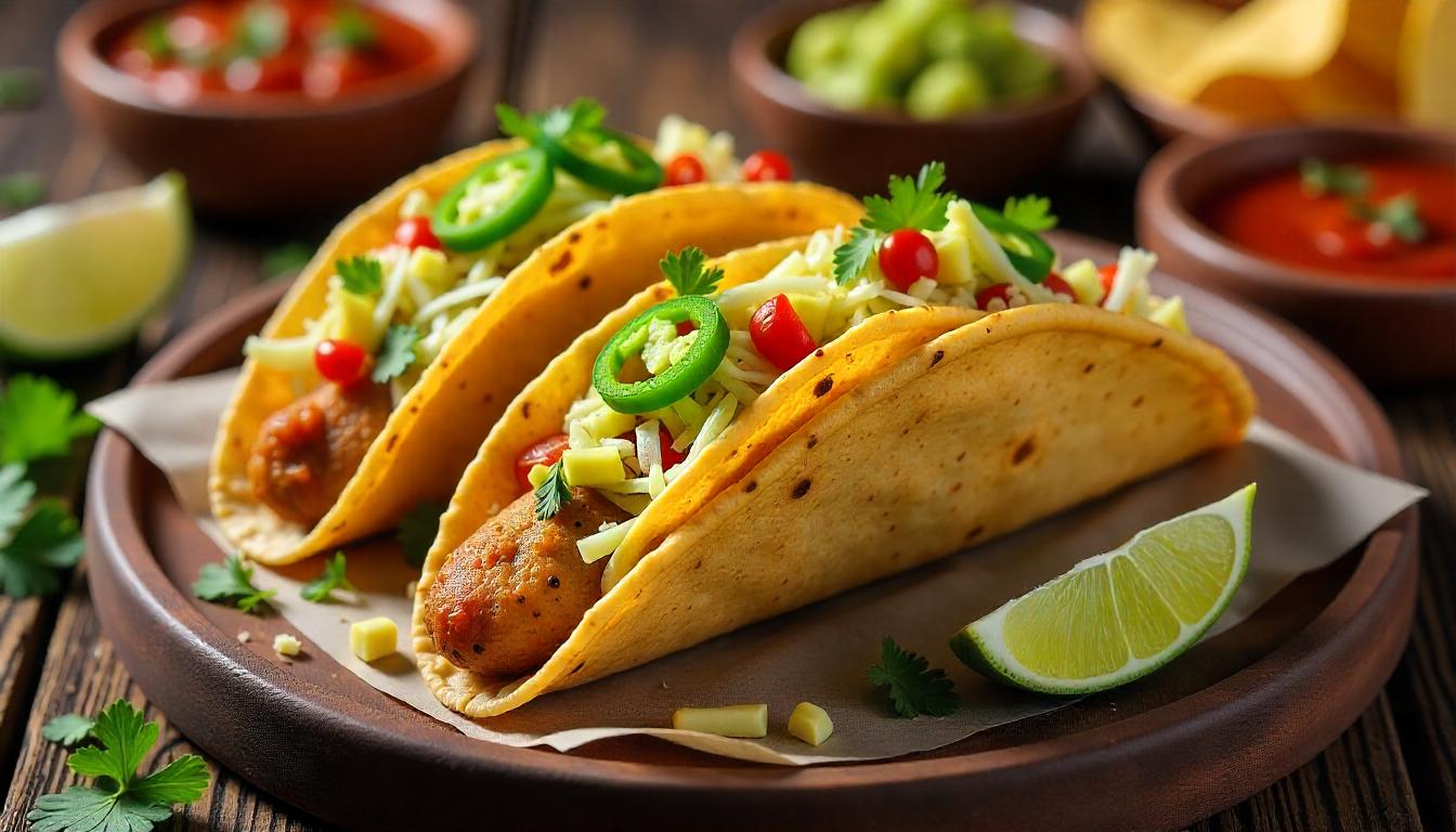 Flat-lay of potato tacos filled with seasoned potatoes, topped with salsa, guacamole, shredded lettuce, and jalapeño slices, served on a rustic wooden table with lime wedges and tortilla chips.